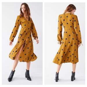 Urban Outfitters Audrey Wrap Midi Dress XS Long-Sleeve Yellow Polka Dot Woven